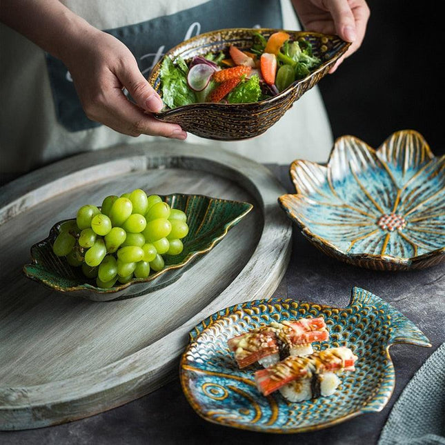 Elegant Japanese Botanical and Ocean-Inspired Ceramic Plates - Unique Irregular Design for Sophisticated Dining