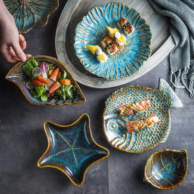 Elegant Japanese Botanical and Ocean-Inspired Ceramic Plates - Unique Irregular Design for Sophisticated Dining
