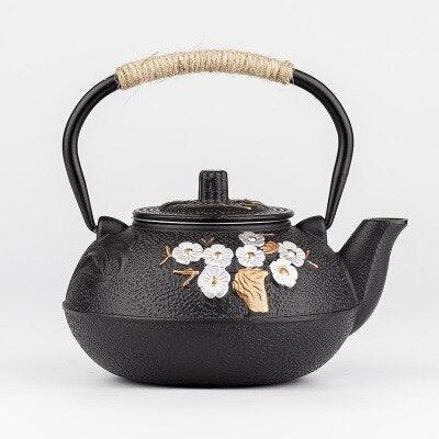Elegant Japanese Cast Iron Tea Kettle Set with Plum and Bamboo Design - Complete Tea Serving Collection - Très Elite