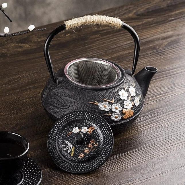 Elegant Japanese Cast Iron Tea Kettle Set with Plum and Bamboo Design - Complete Tea Serving Collection