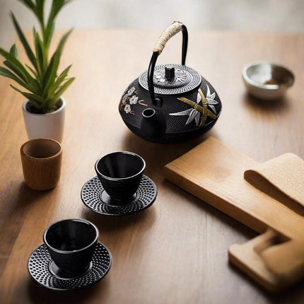 Elegant Japanese Cast Iron Tea Kettle Set with Plum and Bamboo Design - Complete Tea Serving Collection - Très Elite