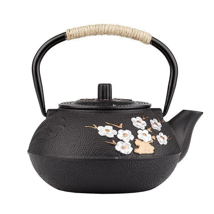 Elegant Japanese Cast Iron Tea Kettle Set with Plum and Bamboo Design - Complete Tea Serving Collection - Très Elite