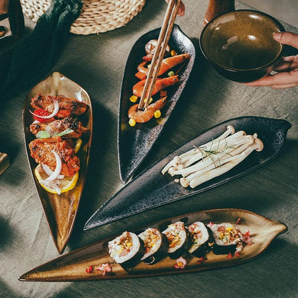 Elegant Japanese Leaf-Design Sushi Plate Collection for Gourmet Dining - Très Elite