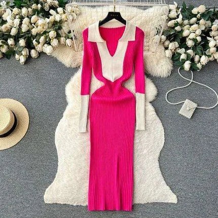 Elegant Knit Wrap Dress with Polo Collar for Autumn and Winter - Très Elite