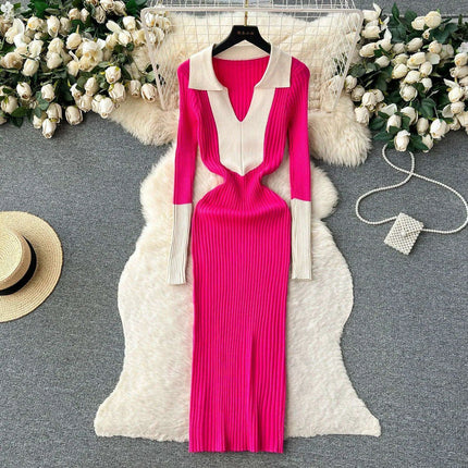 Elegant Knit Wrap Dress with Polo Collar for Autumn and Winter - Très Elite