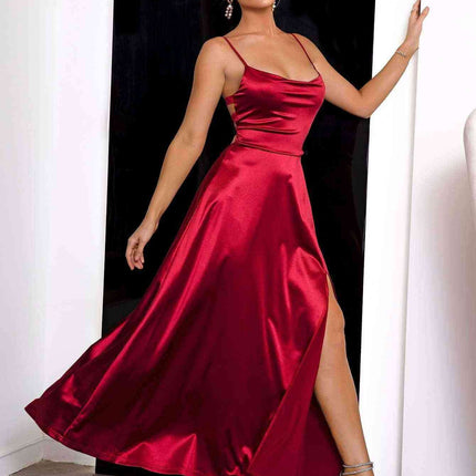 Elegant Lace-Up Back Maxi Dress with Front Split- Très Elite- Très Elite