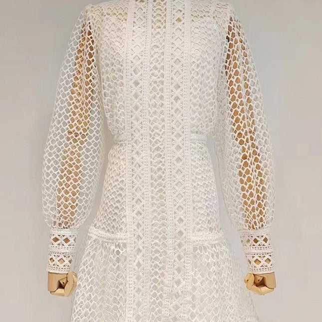 Elegant Lantern Sleeve Vintage Dress with Chic Stand Collar