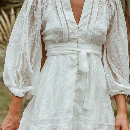 Elegant Long Sleeve V-Neck Ruffle Dress - A Timeless Piece for Women's Fashion - Très Elite
