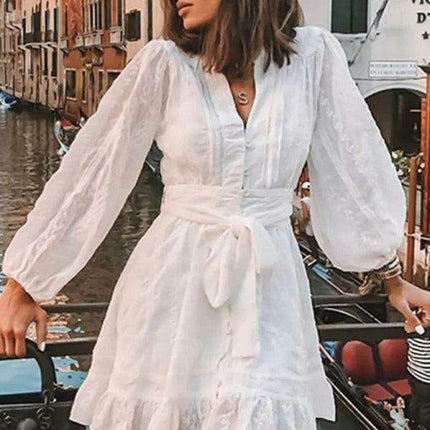 Elegant Long Sleeve V-Neck Ruffle Dress - A Timeless Piece for Women's Fashion - Très Elite