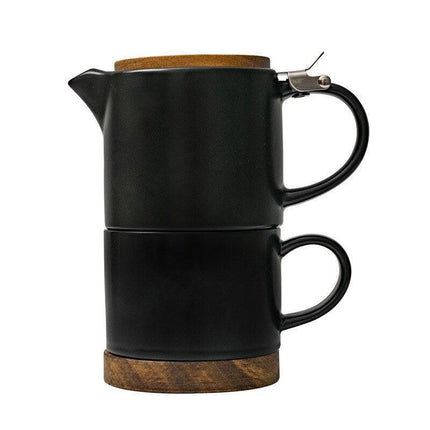 Elegant Nordic-Japanese Ceramic Tea Set with Acacia Wood Lid and Integrated Strainer - Très Elite
