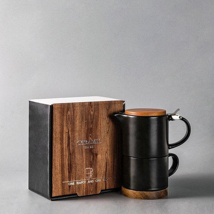 Elegant Nordic-Japanese Ceramic Tea Set with Acacia Wood Lid and Integrated Strainer - Très Elite