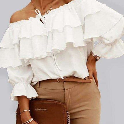 Elegant Off-the-Shoulder Blouse with Stylish Double Ruffle Sleeves for Women