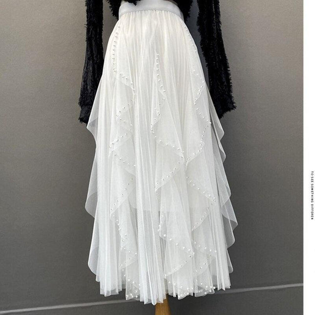 Elegant Pearl-Embellished Korean Party Skirt with High Elastic Waist