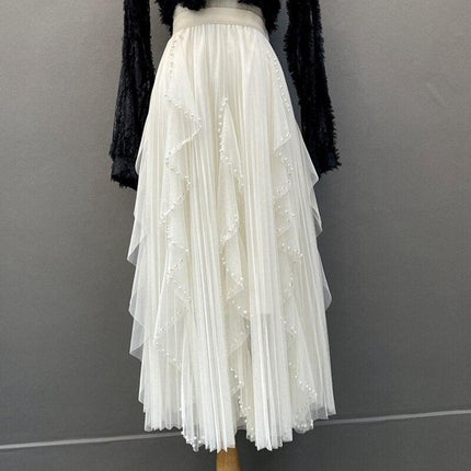 Elegant Pearl-Embellished Korean Party Skirt with High Elastic Waist - Très Elite