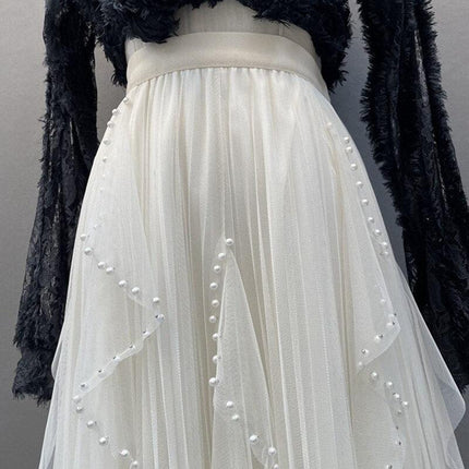 Elegant Pearl-Embellished Korean Party Skirt with High Elastic Waist - Très Elite