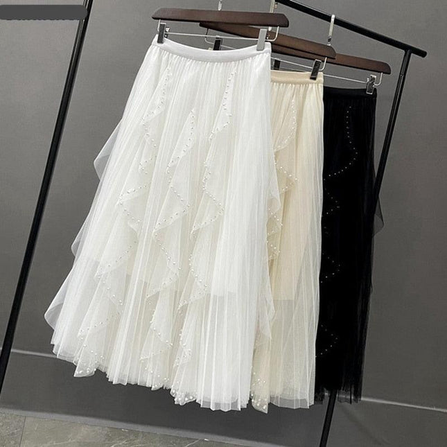 Elegant Pearl-Embellished Korean Party Skirt with High Elastic Waist