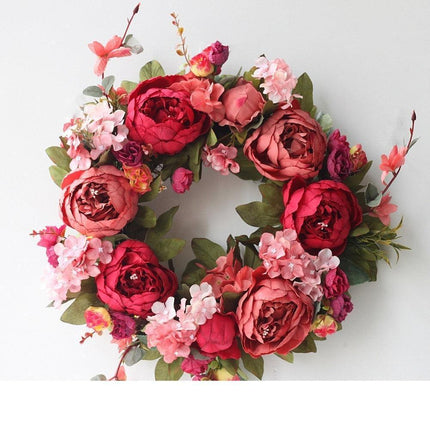 Elegant Peony Silk Flower Wreath with Rattan Accents - Perfect for Home Decor