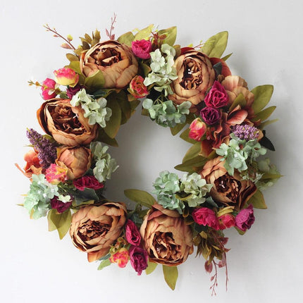 Elegant Peony Silk Flower Wreath with Rattan Accents - Perfect for Home Decor