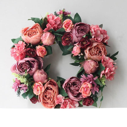 Elegant Peony Silk Flower Wreath with Rattan Accents - Perfect for Home Decor