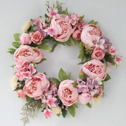Elegant Peony Silk Flower Wreath with Rattan Accents - Perfect for Home Decor