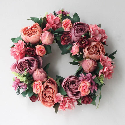 Elegant Peony Silk Flower Wreath with Rattan Accents - Perfect for Home Decor