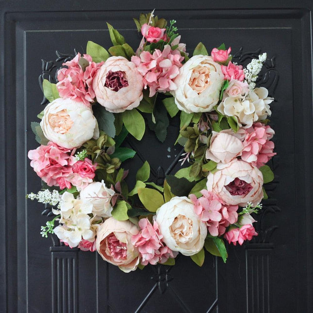 Elegant Peony Silk Flower Wreath with Rattan Accents - Perfect for Home Decor