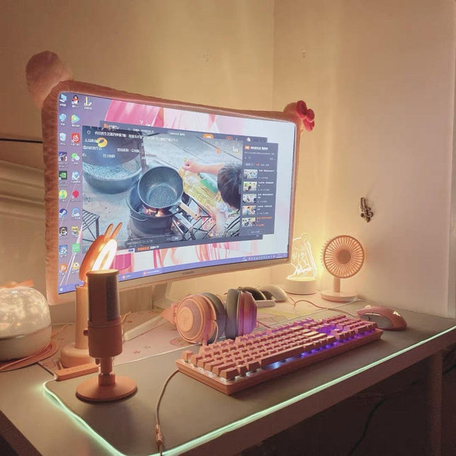 Elegant Pink Bow Fabric Monitor Cover for 28-32 Inch Displays - Stylish Office Accessory