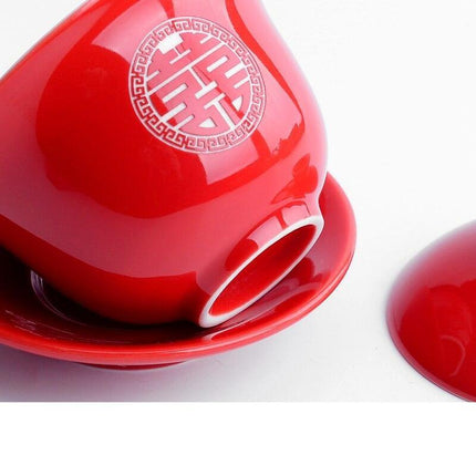Elegant Red Ceramic Chinese Wedding Tea Ceremony Set - Exquisite Teapot and Teacups for Memorable Celebrations - Très Elite