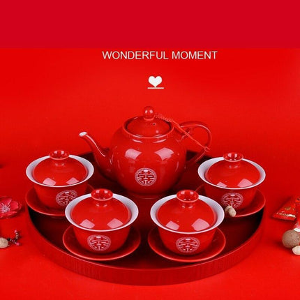Elegant Red Ceramic Chinese Wedding Tea Ceremony Set - Exquisite Teapot and Teacups for Memorable Celebrations - Très Elite
