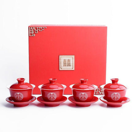 Elegant Red Ceramic Chinese Wedding Tea Ceremony Set - Exquisite Teapot and Teacups for Memorable Celebrations - Très Elite