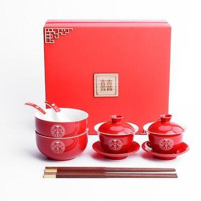Elegant Red Ceramic Chinese Wedding Tea Ceremony Set - Exquisite Teapot and Teacups for Memorable Celebrations - Très Elite