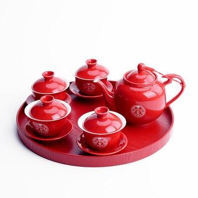 Elegant Red Ceramic Chinese Wedding Tea Ceremony Set - Exquisite Teapot and Teacups for Memorable Celebrations - Très Elite