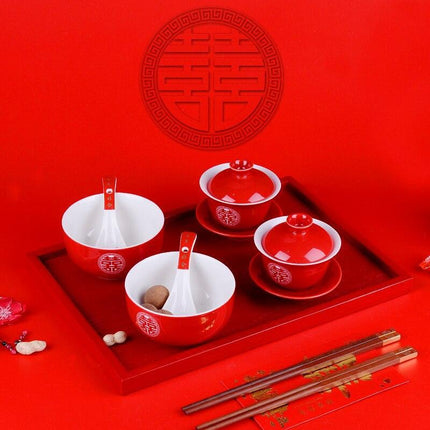 Elegant Red Ceramic Chinese Wedding Tea Ceremony Set - Exquisite Teapot and Teacups for Memorable Celebrations - Très Elite