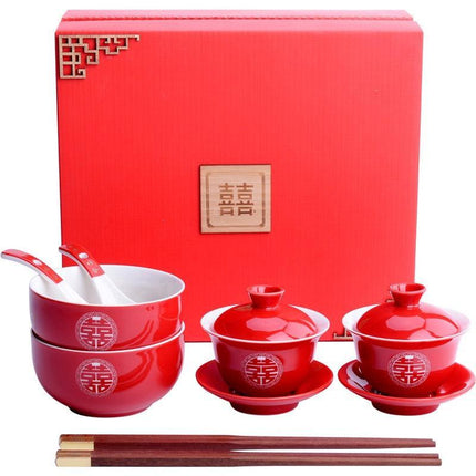 Elegant Red Ceramic Chinese Wedding Tea Ceremony Set - Exquisite Teapot and Teacups for Memorable Celebrations - Très Elite