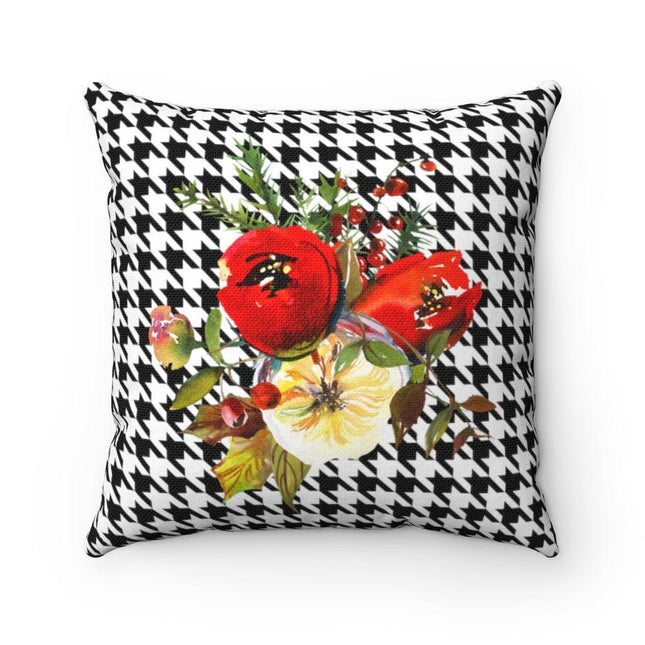Elegant Reversible Pillow Cover featuring Red Floral and Houndstooth Design