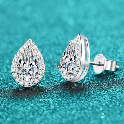 Elegant Rhodium-Enhanced Moissanite Teardrop Earrings in Sterling Silver - Très Elite