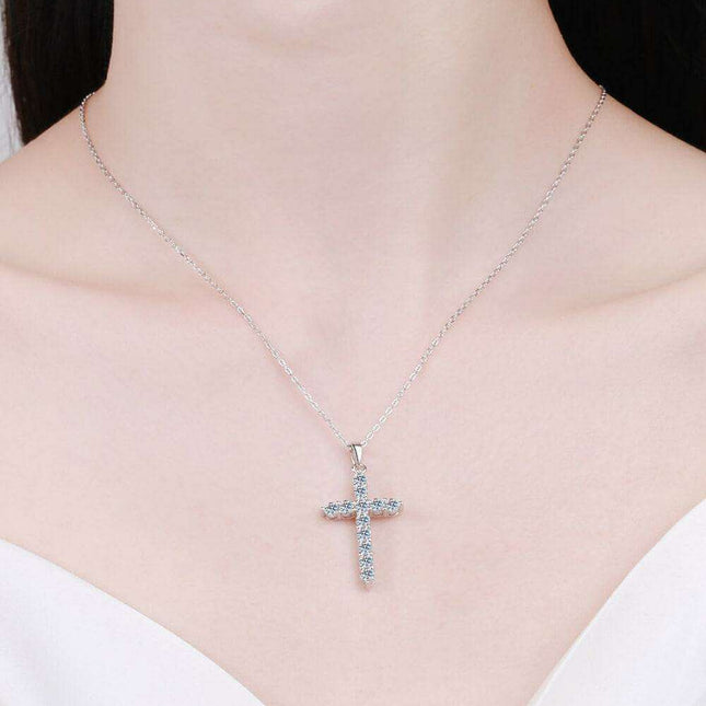 Elegant Rhodium-Finished Sterling Silver Cross Necklace with Lab-Diamonds
