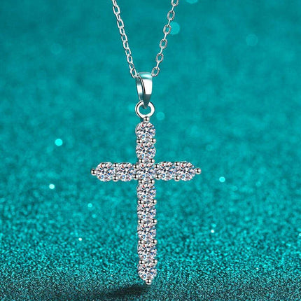 Elegant Rhodium-Finished Sterling Silver Cross Necklace with Lab-Diamonds