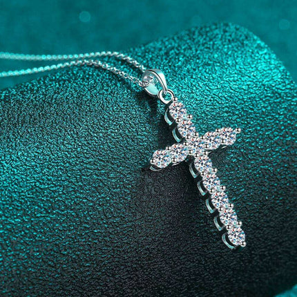 Elegant Rhodium-Finished Sterling Silver Cross Necklace with Lab-Diamonds