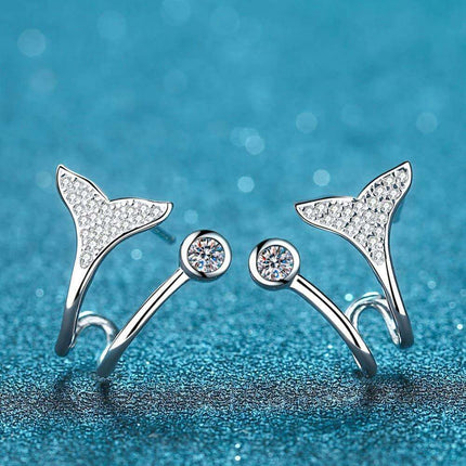 Elegant Rhodium-Plated Sterling Silver Fishtail Earrings with Dazzling Lab-Diamond Details