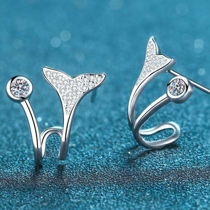 Elegant Rhodium-Plated Sterling Silver Fishtail Earrings with Dazzling Lab-Diamond Details