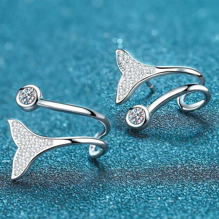 Elegant Rhodium-Plated Sterling Silver Fishtail Earrings with Dazzling Lab-Diamond Details