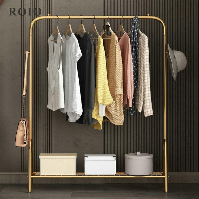 Elegant Rose-Gold Single-Pole Garment Stand and Storage Solution