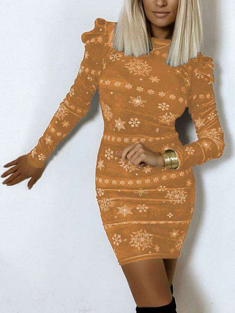 Elegant Snowflake Design: Women's Tailored Long Sleeve Holiday Dress