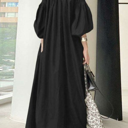 Elegant Solid Color Dress with Delightful Balloon Sleeves - A Trendy Choice for Contemporary Women