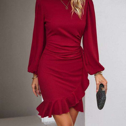 Elegant Solid Dress with Stunning Puff Sleeve and Ruffle Accents - Très Elite