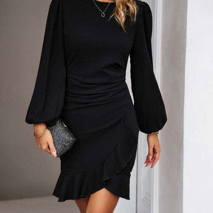 Elegant Solid Dress with Stunning Puff Sleeve and Ruffle Accents - Très Elite