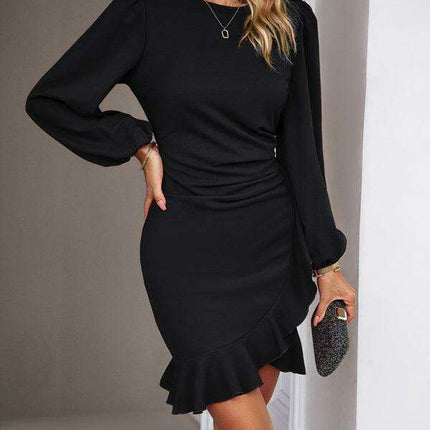 Elegant Solid Dress with Stunning Puff Sleeve and Ruffle Accents - Très Elite