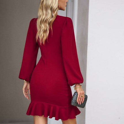 Elegant Solid Dress with Stunning Puff Sleeve and Ruffle Accents - Très Elite
