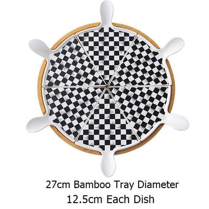 Elegant Stone-Textured Ceramic Cake Serving Set with Bamboo Tray - Très Elite